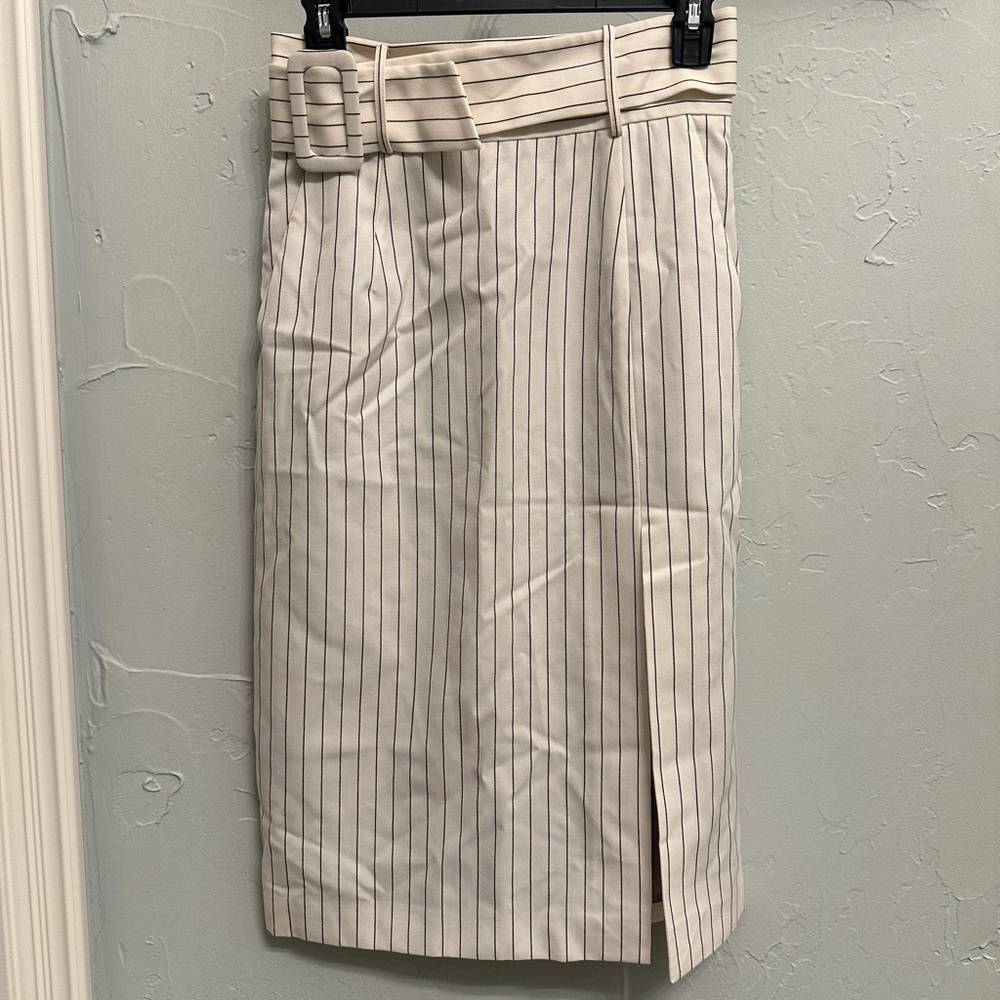 Sara Battaglia White Pinstriped Pencil Skirt with Belted Waist
